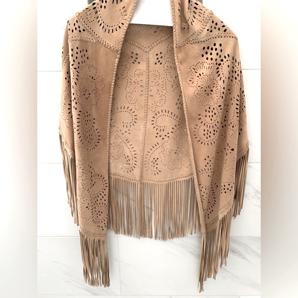 Beige Tan Fringe Suede Like Cutout Shawl Wrap